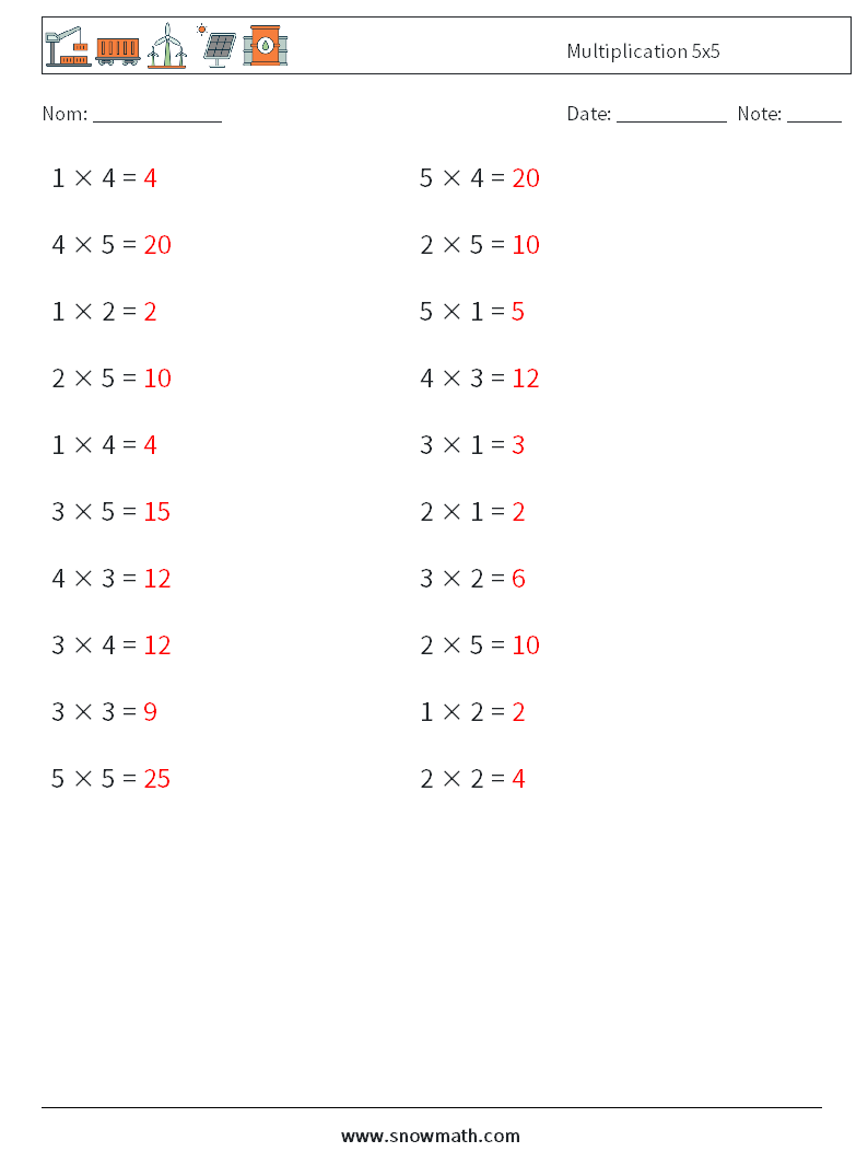 (20) Multiplication 5x5 Fiches d'Exercices de Mathématiques 4 Question, Réponse