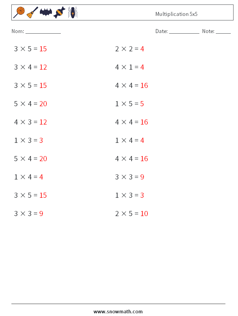 (20) Multiplication 5x5 Fiches d'Exercices de Mathématiques 5 Question, Réponse