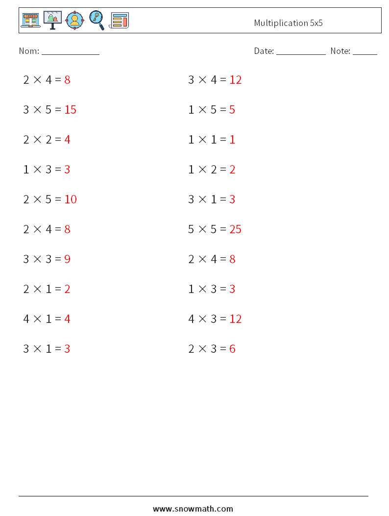 (20) Multiplication 5x5 Fiches d'Exercices de Mathématiques 6 Question, Réponse