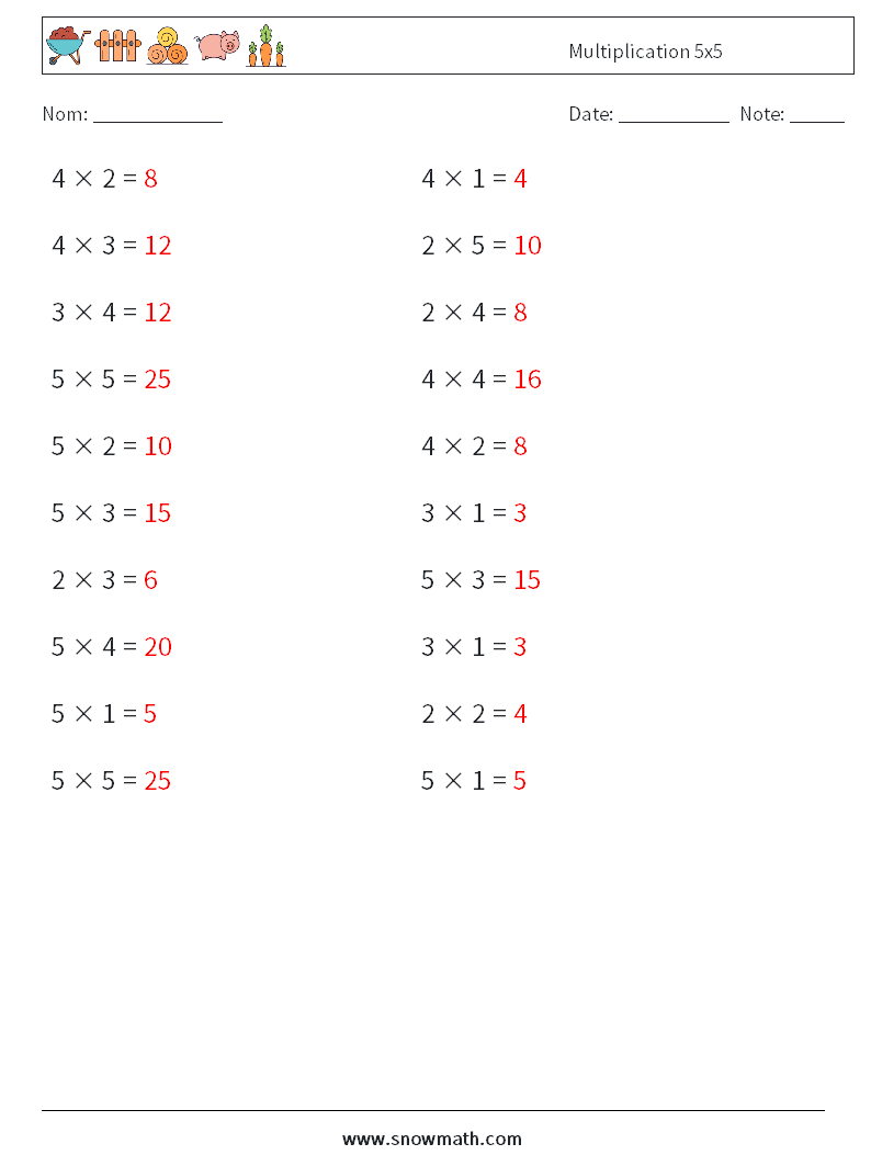 (20) Multiplication 5x5 Fiches d'Exercices de Mathématiques 7 Question, Réponse