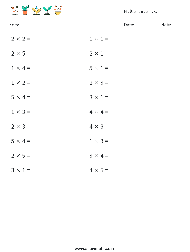(20) Multiplication 5x5 Fiches d'Exercices de Mathématiques 8