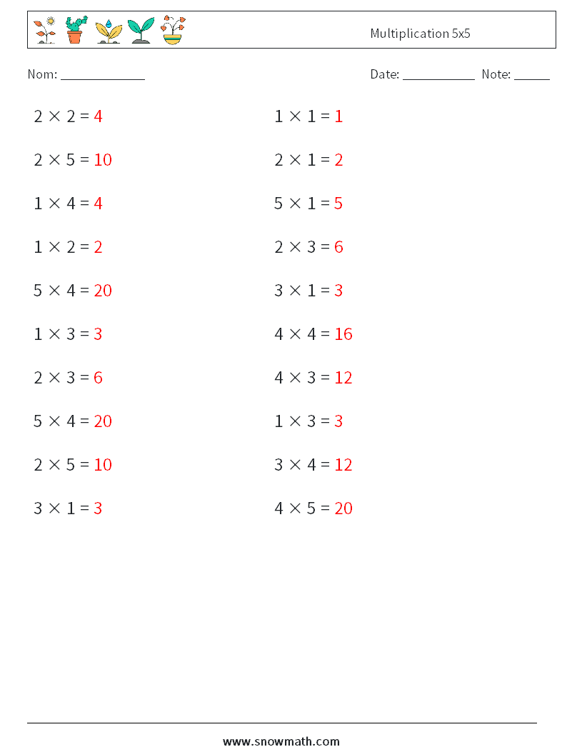 (20) Multiplication 5x5 Fiches d'Exercices de Mathématiques 8 Question, Réponse