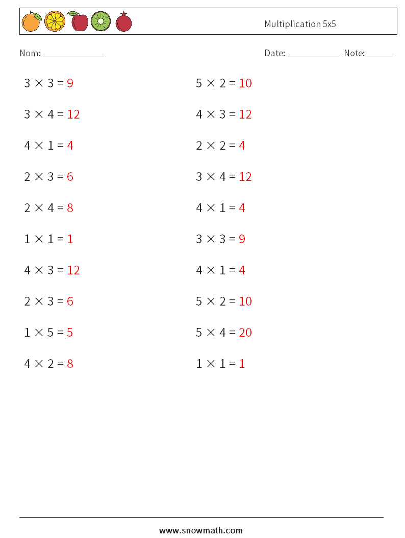 (20) Multiplication 5x5 Fiches d'Exercices de Mathématiques 9 Question, Réponse