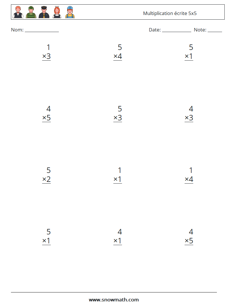 (12) Multiplication écrite 5x5 Fiches d'Exercices de Mathématiques 1