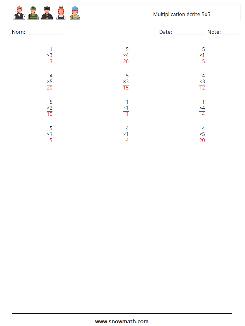 (12) Multiplication écrite 5x5 Fiches d'Exercices de Mathématiques 1 Question, Réponse