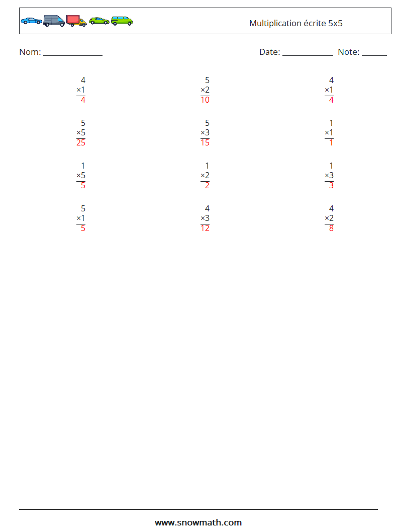 (12) Multiplication écrite 5x5 Fiches d'Exercices de Mathématiques 2 Question, Réponse