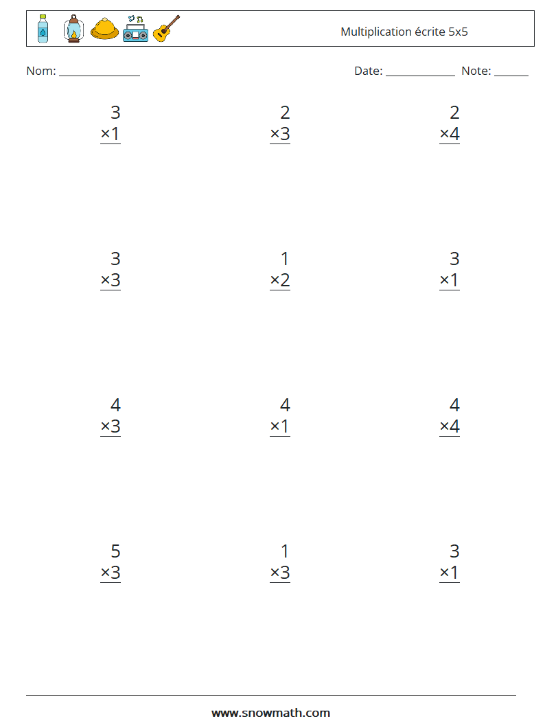 (12) Multiplication écrite 5x5 Fiches d'Exercices de Mathématiques 3