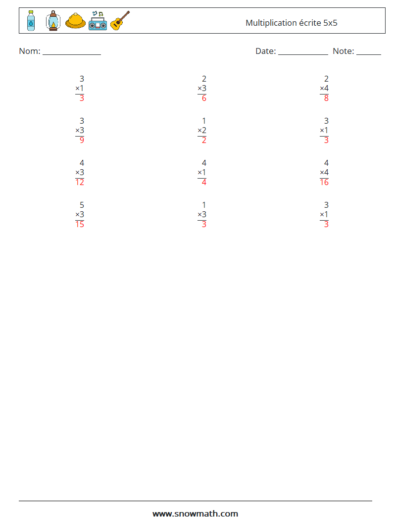 (12) Multiplication écrite 5x5 Fiches d'Exercices de Mathématiques 3 Question, Réponse