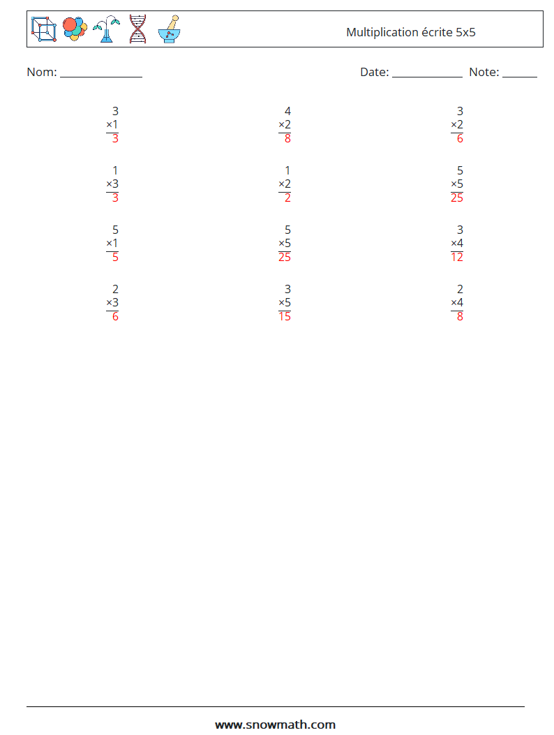(12) Multiplication écrite 5x5 Fiches d'Exercices de Mathématiques 4 Question, Réponse