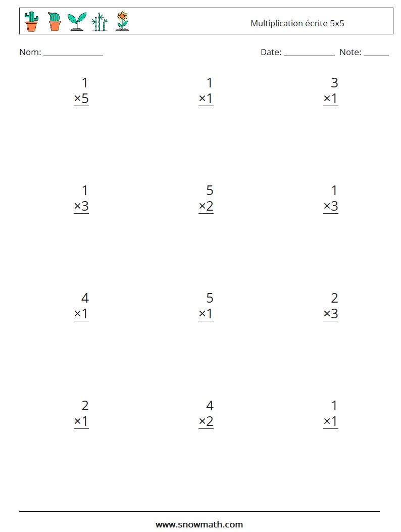 (12) Multiplication écrite 5x5 Fiches d'Exercices de Mathématiques 5
