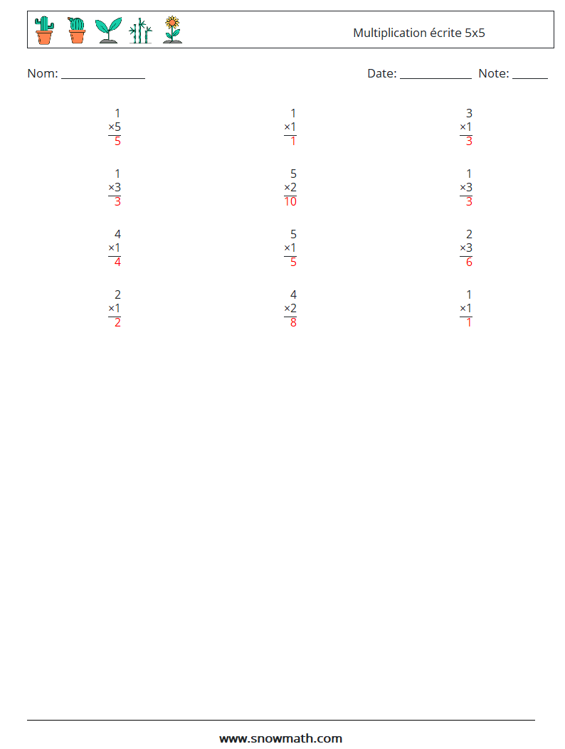 (12) Multiplication écrite 5x5 Fiches d'Exercices de Mathématiques 5 Question, Réponse