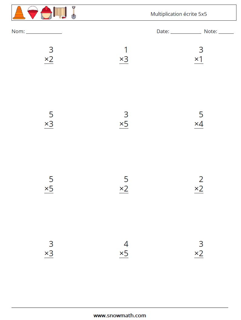 (12) Multiplication écrite 5x5 Fiches d'Exercices de Mathématiques 6