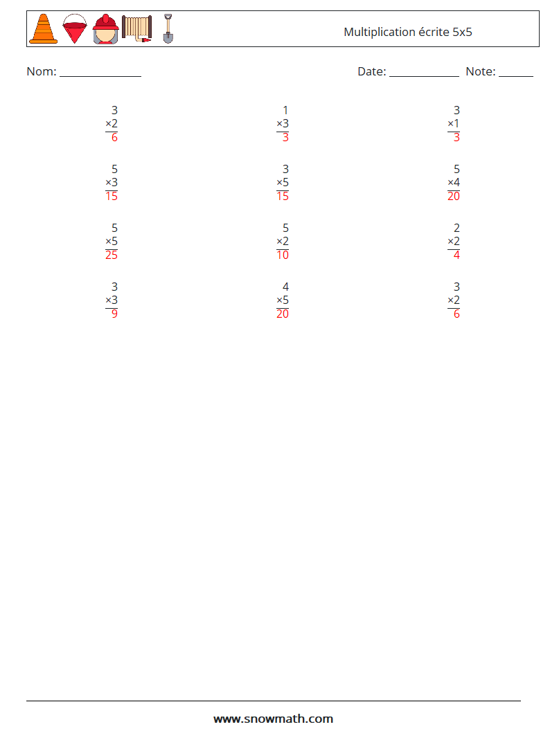 (12) Multiplication écrite 5x5 Fiches d'Exercices de Mathématiques 6 Question, Réponse