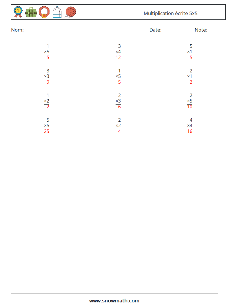 (12) Multiplication écrite 5x5 Fiches d'Exercices de Mathématiques 7 Question, Réponse