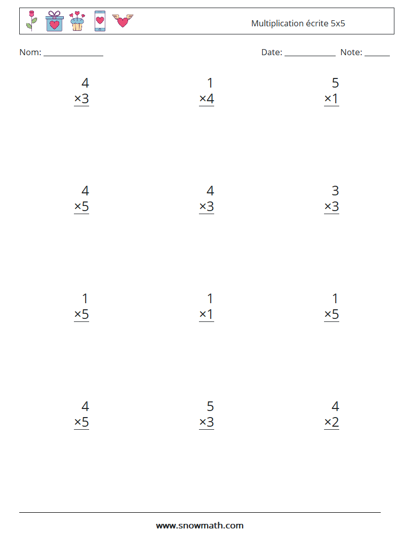 (12) Multiplication écrite 5x5 Fiches d'Exercices de Mathématiques 8