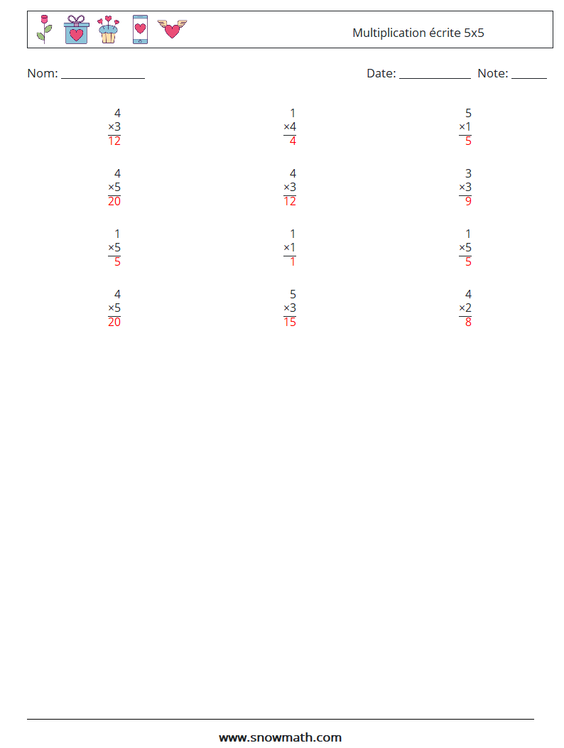 (12) Multiplication écrite 5x5 Fiches d'Exercices de Mathématiques 8 Question, Réponse