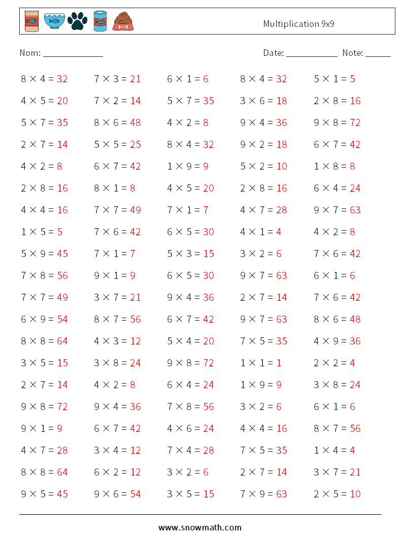 (100) Multiplication 9x9 Fiches d'Exercices de Mathématiques 8 Question, Réponse