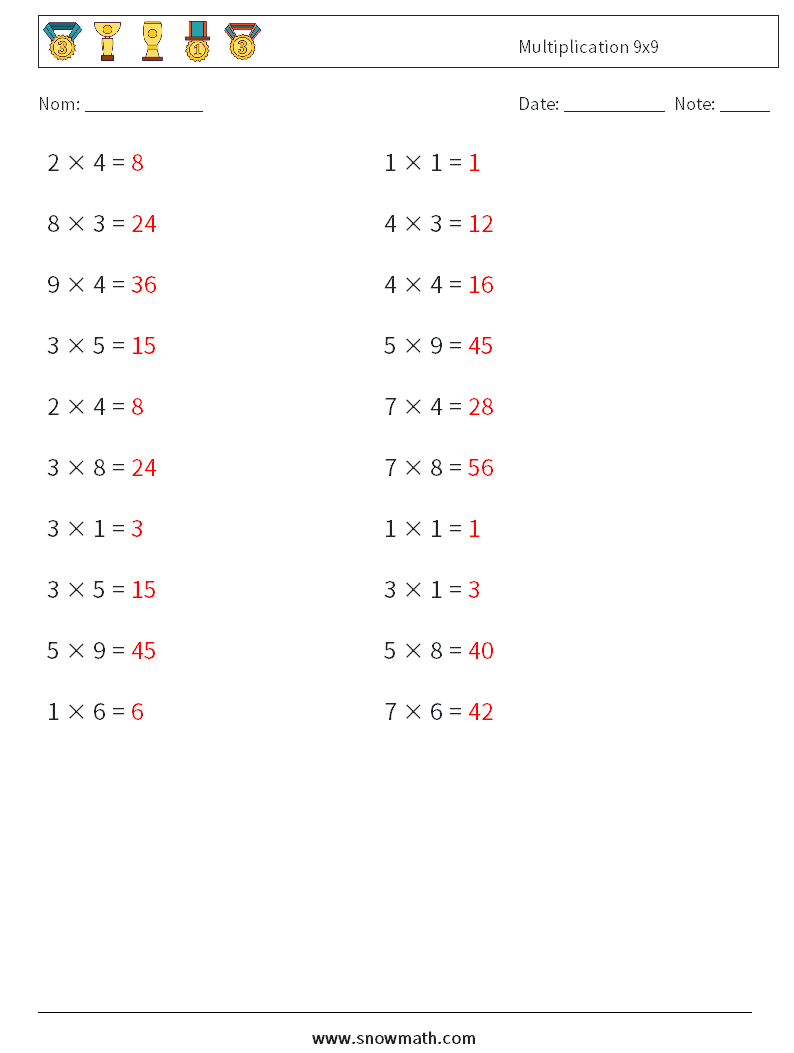 (20) Multiplication 9x9 Fiches d'Exercices de Mathématiques 1 Question, Réponse