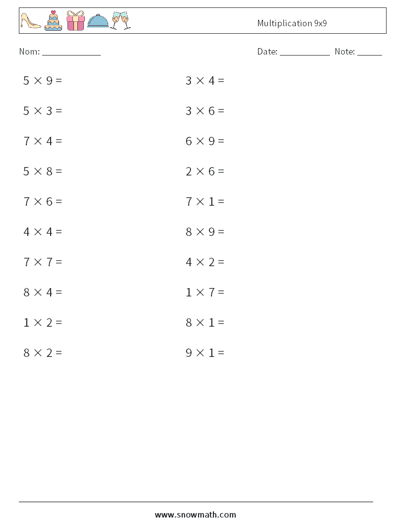 (20) Multiplication 9x9 Fiches d'Exercices de Mathématiques 2
