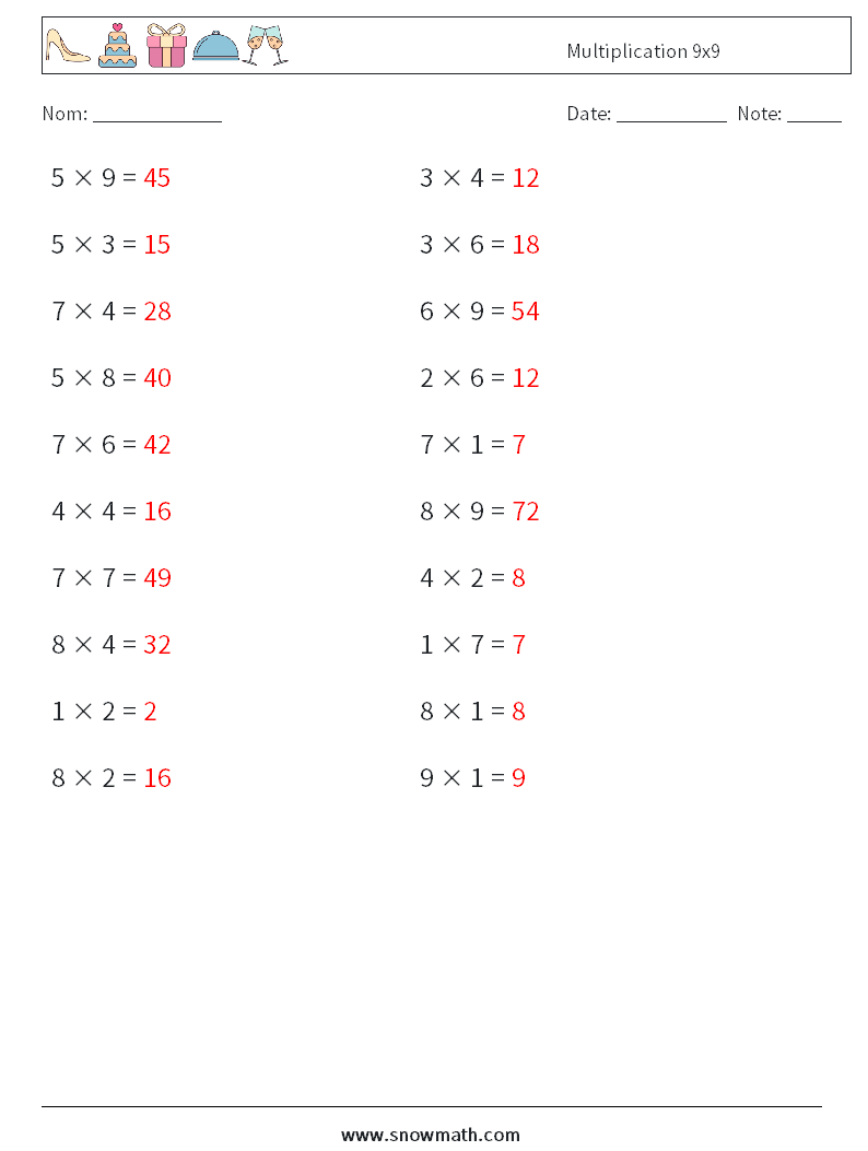 (20) Multiplication 9x9 Fiches d'Exercices de Mathématiques 2 Question, Réponse
