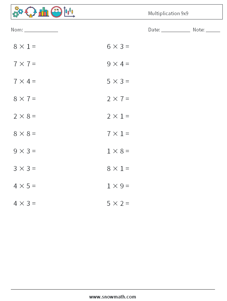 (20) Multiplication 9x9 Fiches d'Exercices de Mathématiques 3
