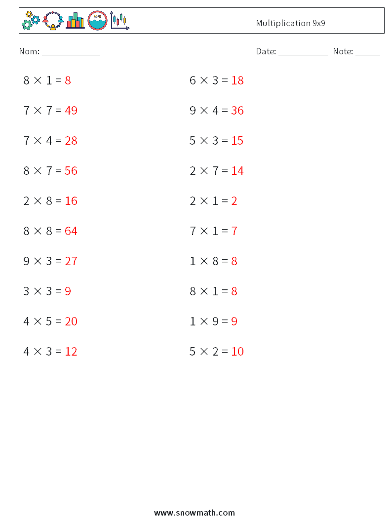 (20) Multiplication 9x9 Fiches d'Exercices de Mathématiques 3 Question, Réponse