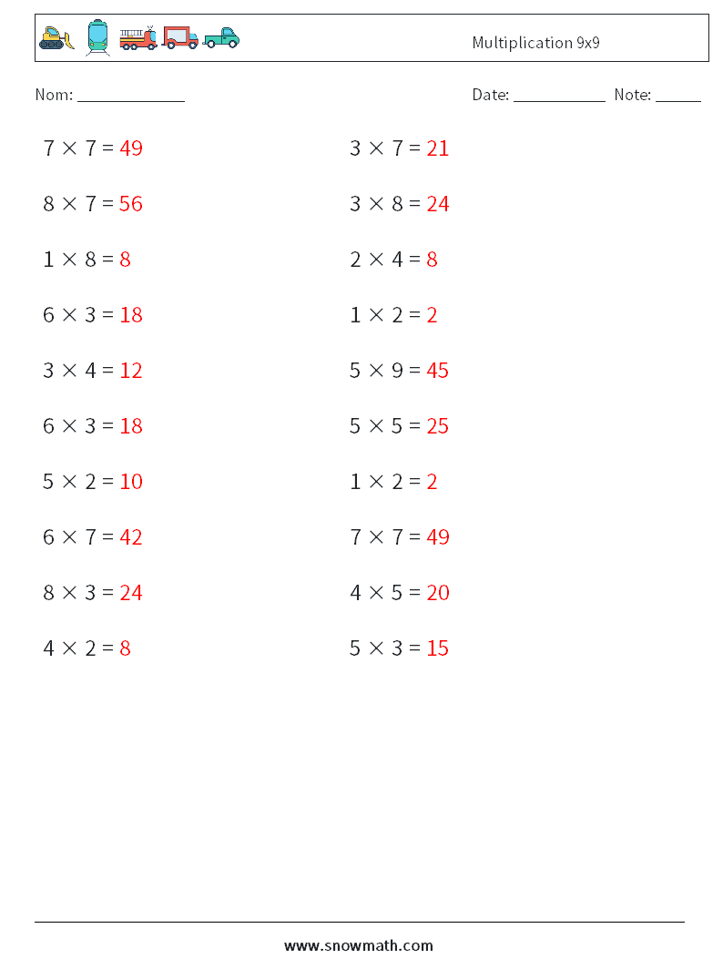 (20) Multiplication 9x9 Fiches d'Exercices de Mathématiques 5 Question, Réponse