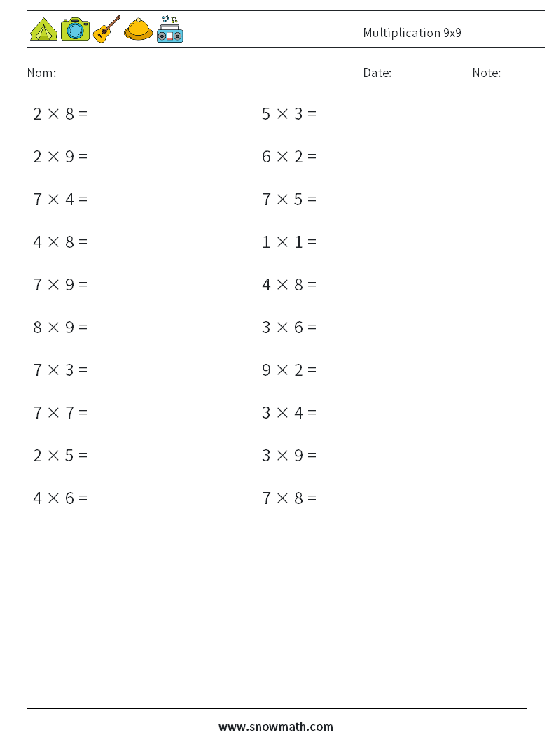 (20) Multiplication 9x9 Fiches d'Exercices de Mathématiques 6