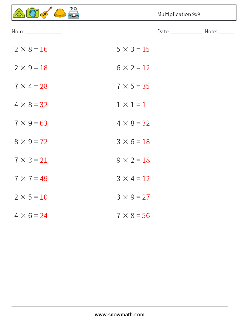 (20) Multiplication 9x9 Fiches d'Exercices de Mathématiques 6 Question, Réponse