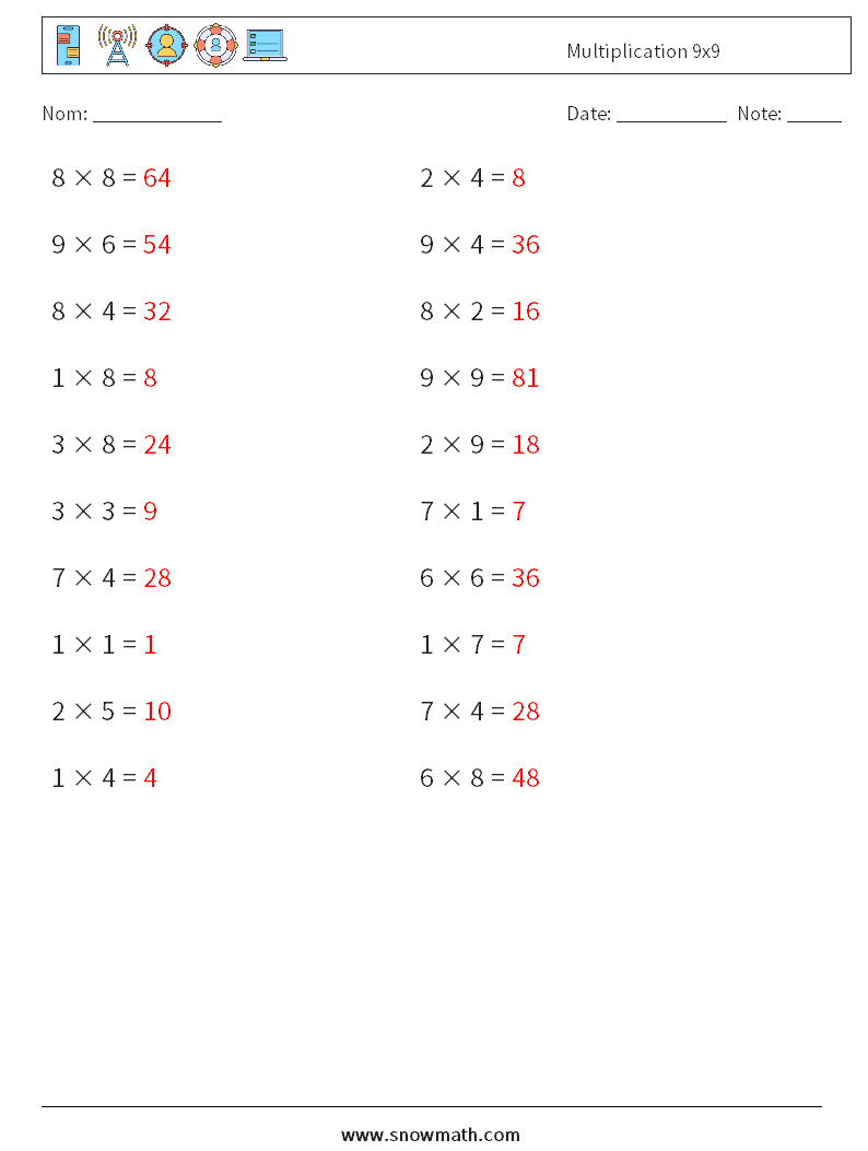 (20) Multiplication 9x9 Fiches d'Exercices de Mathématiques 7 Question, Réponse