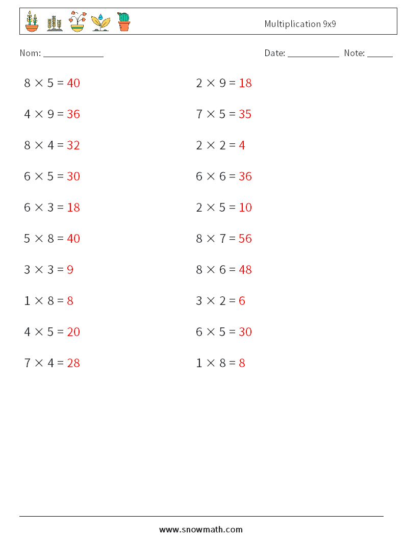 (20) Multiplication 9x9 Fiches d'Exercices de Mathématiques 8 Question, Réponse