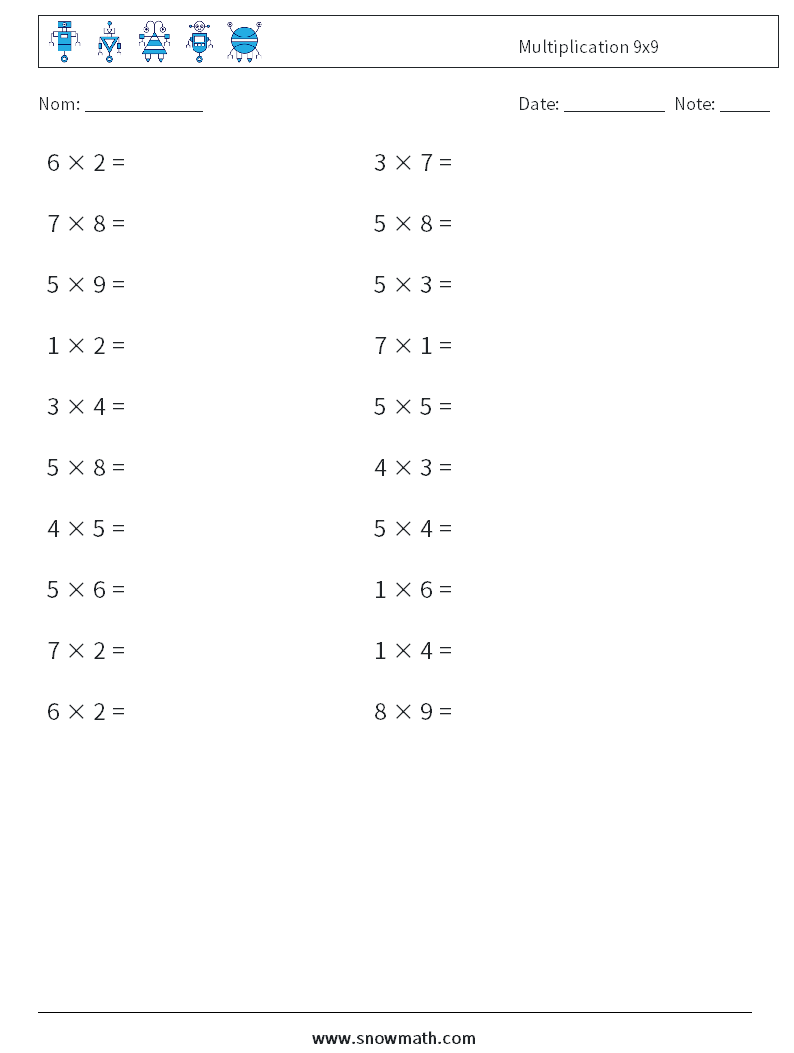 (20) Multiplication 9x9 Fiches d'Exercices de Mathématiques 9