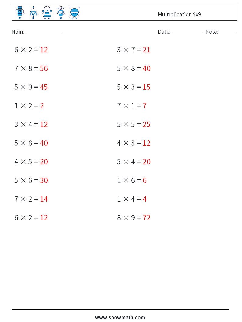 (20) Multiplication 9x9 Fiches d'Exercices de Mathématiques 9 Question, Réponse