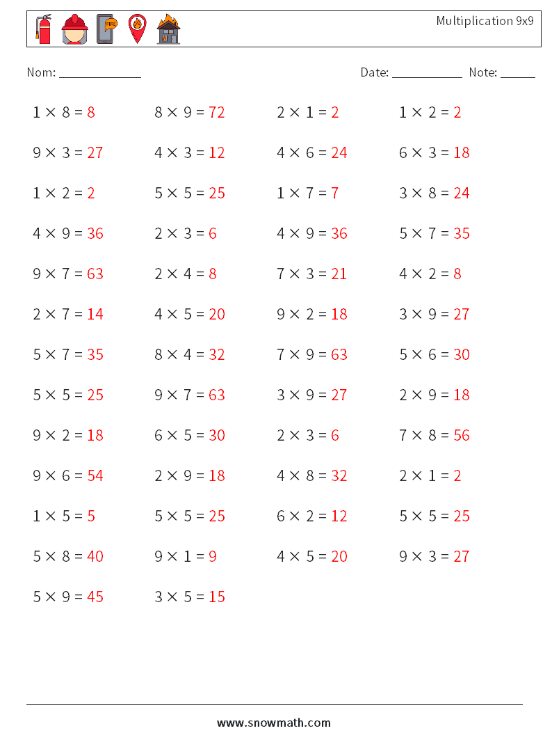 (50) Multiplication 9x9 Fiches d'Exercices de Mathématiques 3 Question, Réponse