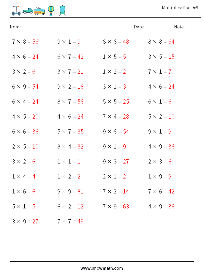 (50) Multiplication 9x9 Fiches d'Exercices de Mathématiques 4 Question, Réponse