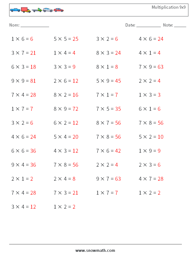 (50) Multiplication 9x9 Fiches d'Exercices de Mathématiques 5 Question, Réponse