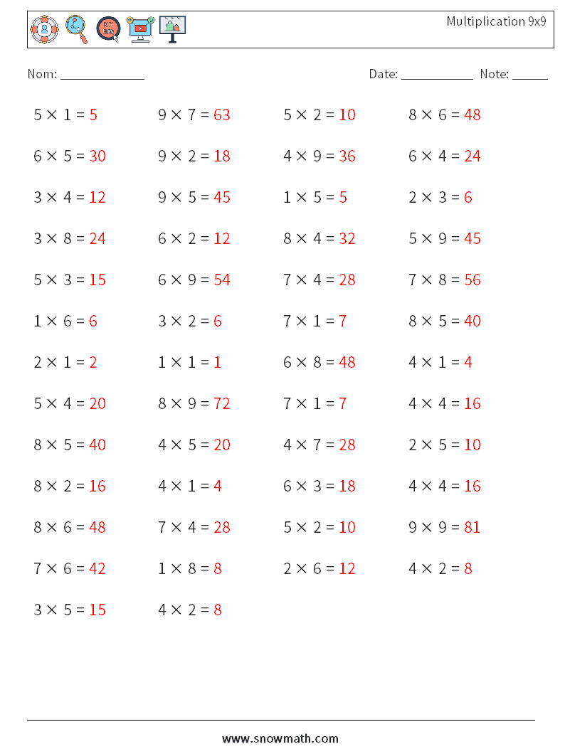 (50) Multiplication 9x9 Fiches d'Exercices de Mathématiques 7 Question, Réponse