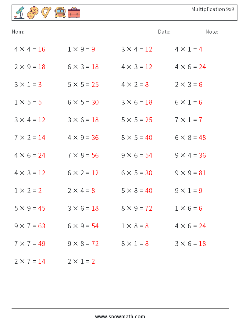 (50) Multiplication 9x9 Fiches d'Exercices de Mathématiques 9 Question, Réponse
