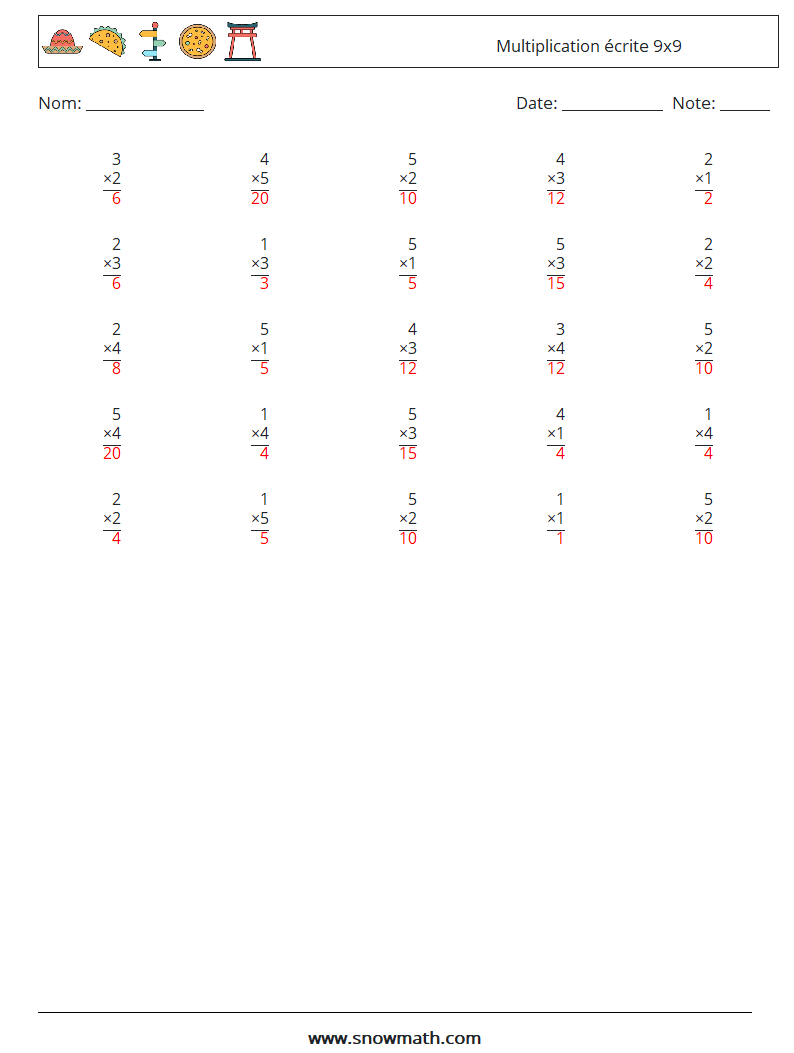 (25) Multiplication écrite 9x9 Fiches d'Exercices de Mathématiques 2 Question, Réponse
