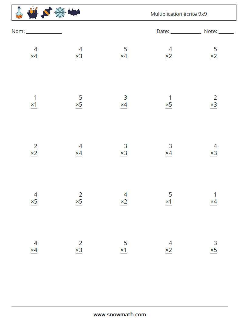 (25) Multiplication écrite 9x9 Fiches d'Exercices de Mathématiques 3