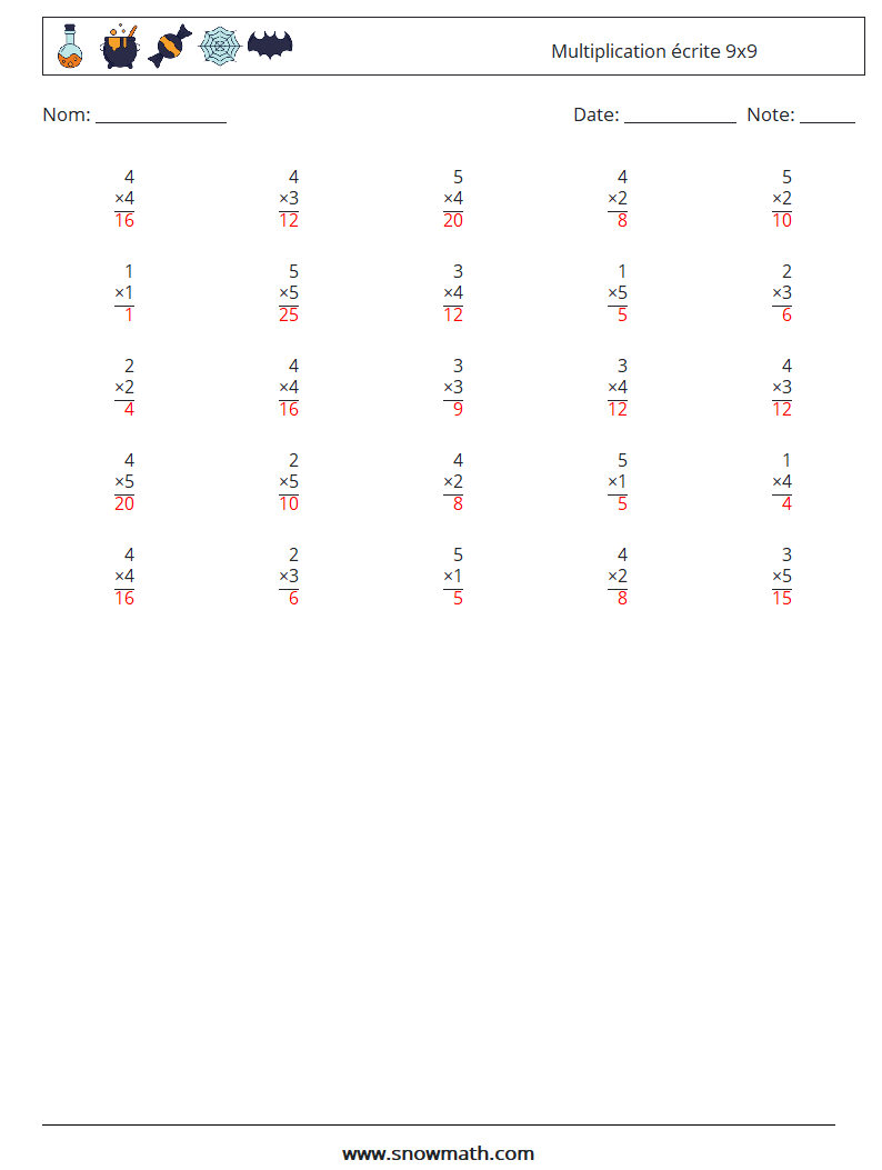 (25) Multiplication écrite 9x9 Fiches d'Exercices de Mathématiques 3 Question, Réponse