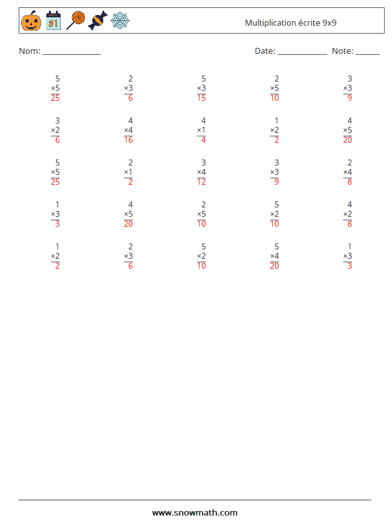 (25) Multiplication écrite 9x9 Fiches d'Exercices de Mathématiques 4 Question, Réponse