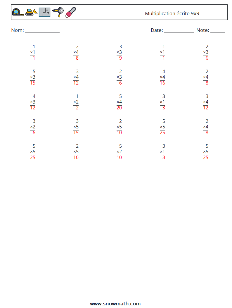 (25) Multiplication écrite 9x9 Fiches d'Exercices de Mathématiques 6 Question, Réponse