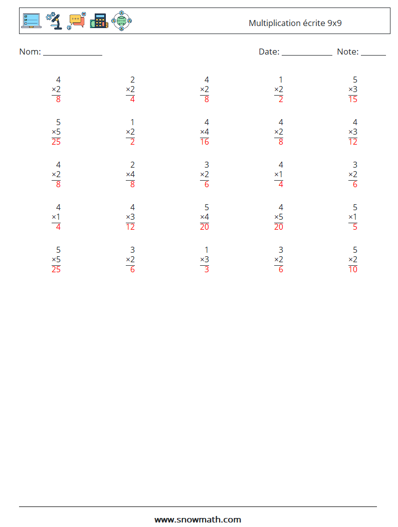 (25) Multiplication écrite 9x9 Fiches d'Exercices de Mathématiques 7 Question, Réponse