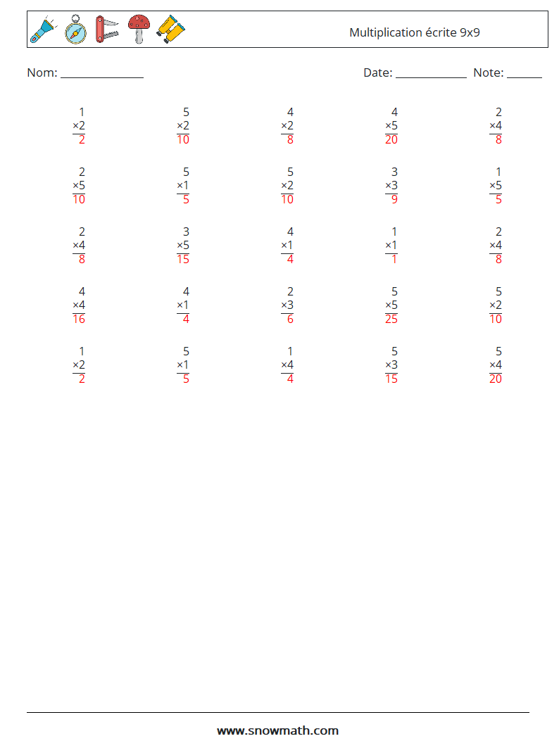 (25) Multiplication écrite 9x9 Fiches d'Exercices de Mathématiques 8 Question, Réponse