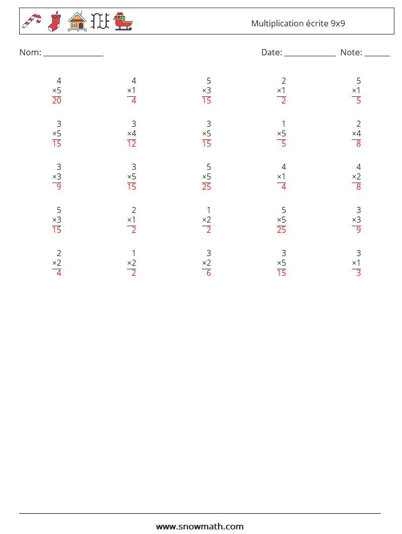 (25) Multiplication écrite 9x9 Fiches d'Exercices de Mathématiques 9 Question, Réponse