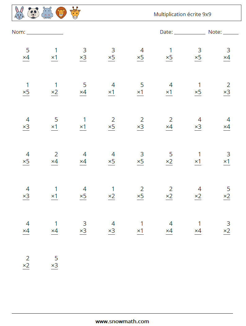 (50) Multiplication écrite 9x9 Fiches d'Exercices de Mathématiques 1