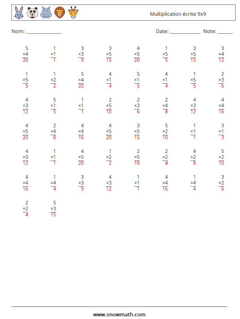 (50) Multiplication écrite 9x9 Fiches d'Exercices de Mathématiques 1 Question, Réponse