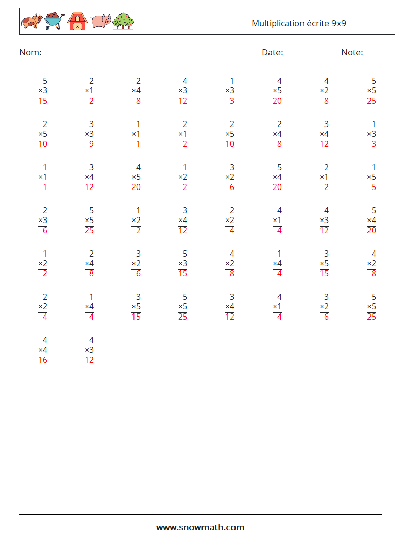 (50) Multiplication écrite 9x9 Fiches d'Exercices de Mathématiques 2 Question, Réponse