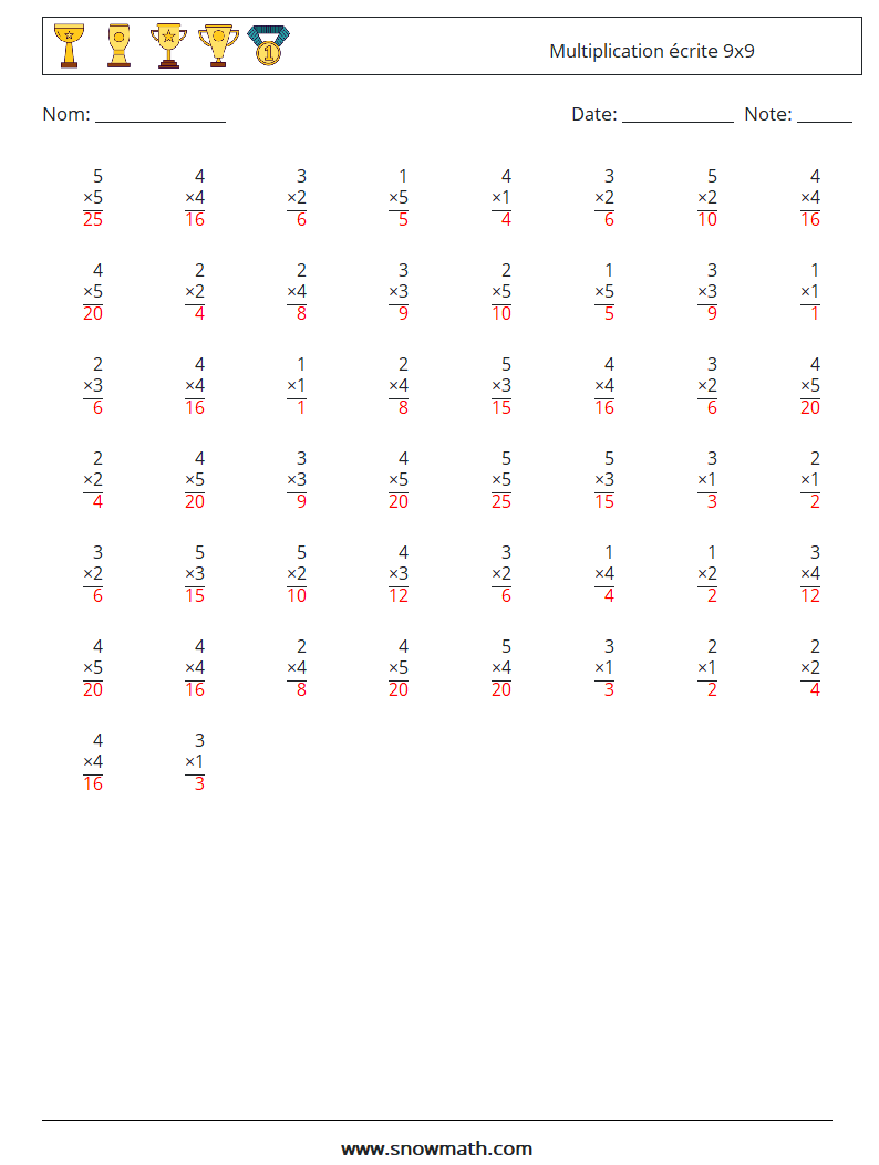 (50) Multiplication écrite 9x9 Fiches d'Exercices de Mathématiques 3 Question, Réponse